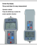 Top Shelf Digital Force Gauge 1000N Push Pull Meter With LCD Screen showing screen flip display and controls for easy measurement.
