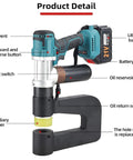 Pro Grade Cordless Hydraulic Punch Kit with labels for parts including battery, air vent, and switch components