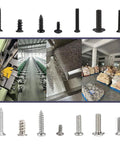 Heavy Hitter 1200 Piece Black Phillips Flat Head Self Tapping Screw Set M2 M2.6 M3 carbon steel screws displayed alongside production process.