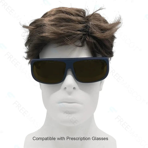 Top Shelf Professional IPL Laser Safety Glasses For Hair Removal And Cosmetology Featuring Wide Spectrum 190Nm To 2000Nm Protection on a mannequin with brown hair.