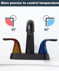 Matte Black Bathroom Sink Faucet 4 Inch Centerset 2 Handle With Pop Up Drain Stopper Lavatory Vanity Faucet 304 Stainless Steel Built To Last No Nonsense Durability CUPC CEC Certified showing temperature control angles.