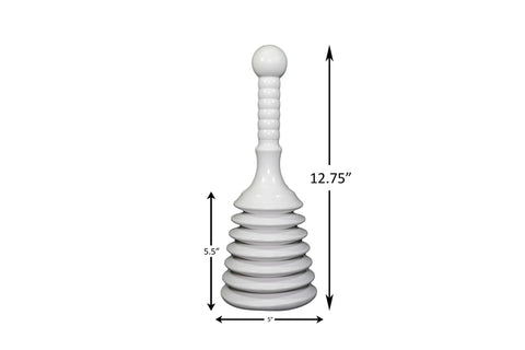 Heavy Duty Drain Plunger For Clogged Kitchen Sink And Bathroom Tub Featuring Compact Bellows Design, 12.75" tall, white, strong suction.