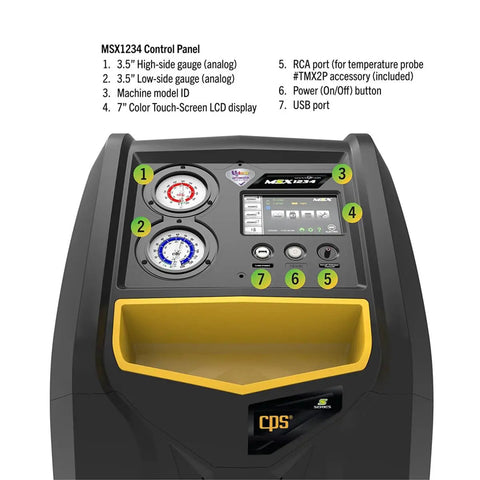 Shop Floor Legend R1234yf Auto AC Refrigerant Recovery Recycle Recharge System With Wireless Sync Seven Inch HD Touchscreen control panel view