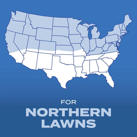 Map of the United States highlighting areas for northern lawns suitable for sun and shade grass seed mix.
