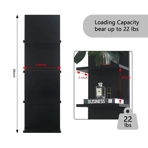 Upgrade Your Walls No Fuss Needed, Four Tier Black Corner Shelves For Room And Kitchen Decor, Vertical Floating Display Rack dimensions.