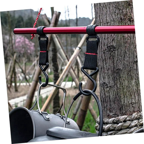 Outdoor Camping Hooks 5 Pack Small S Shaped Utility Hangers With Straps For Tent Canopy And Backpack Storage shown in use