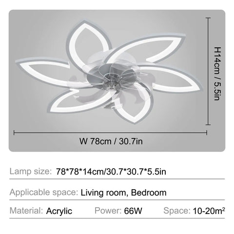 Low Profile Ceiling Fan With Lights That Do It All Modern Dimmable Light Fan, flower shade, acrylic, 78cm wide, size details visible