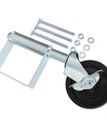 Heavy Duty Steel Spring Loaded Gate Caster With Rock Solid Hidden Spring Design For Buttery Smooth Swiveling Fence Gate Operation And No Hassle Auto Leveling On Rough Terrains with mounting hardware and close-up view.