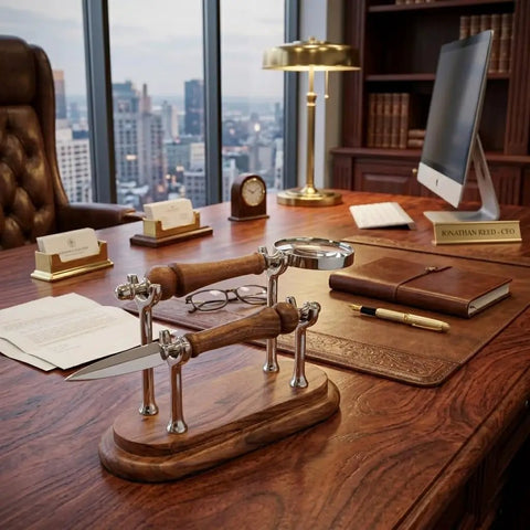 Sleek Silver Brown Wood Desk Set With Magnifying Glass And Letter Opener For Home Office Decor And Boss Level Gift Modern Executive Office Accessories on a wooden desk with skyline view
