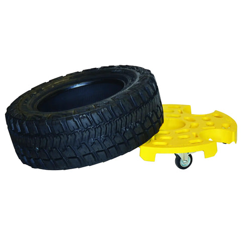 Heavy Duty Badass Tire Taxi Glider With Locking Casters Holds Four Tires And Rims Up To 552 Pounds 31 Inch Shop Wheel Hauler Transport Cart For Mechanics with tire on yellow cart.