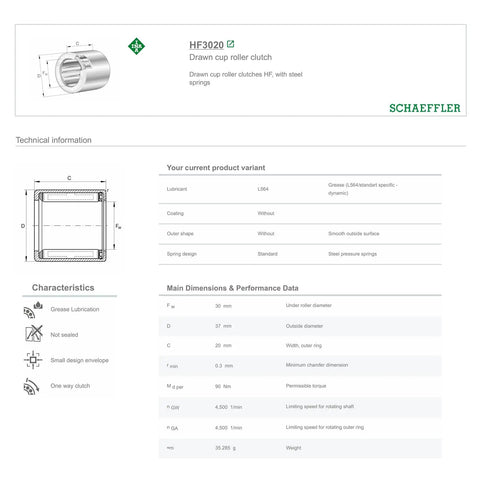 HF3020L564 One-Way Needle Roller Clutch Bearing Drawn Cup 30X37X20MM technical specifications and dimensions image.