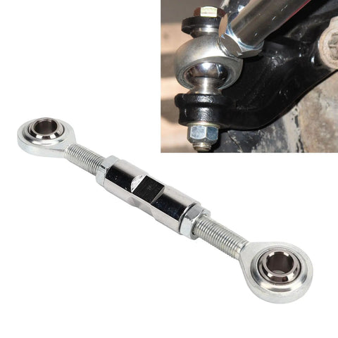 Heavy Duty Alternator Tensioner Rod Adjustable For Small Block Chevy 350 454 Engines showing stainless steel construction and Heim joint.
