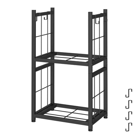 Two Tier Indoor And Outdoor Firewood Rack Portable Heavy Duty Easy To Assemble With Four Hooks In Sleek Black Finish