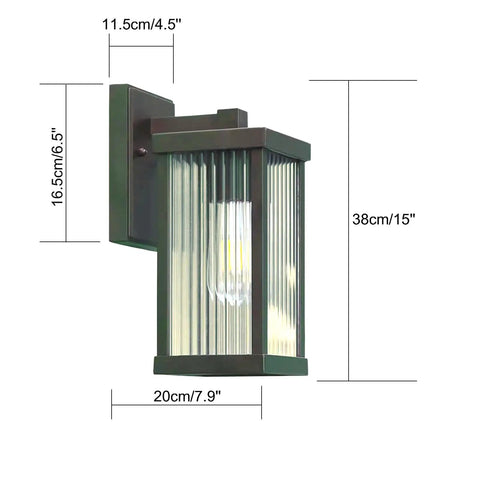 Modern Premium Matte Black Outdoor Wall Lights, Waterproof E26 Porch Lanterns, dimensions 15in height, 7.9in width, striped glass shade.