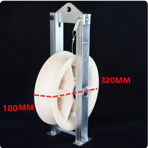 Built Like A Tank Heavy Duty Cable Pulley Block Featuring Galvanized Channel Steel Housing And A Smooth Rolling Nylon Wheel 320MM diameter.