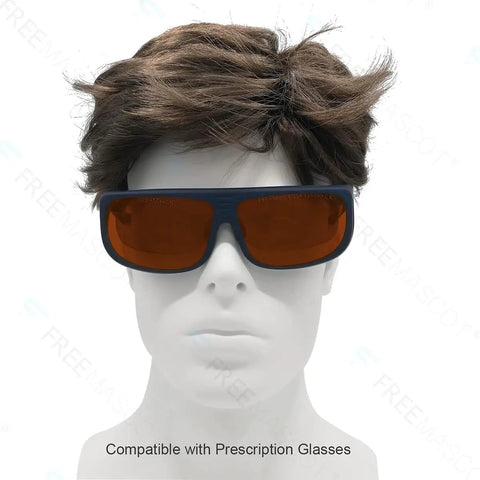 Professional Laser Safety Glasses Featuring Straight Fire OD 4 Plus Coverage From 190 To 1100 Nm Wavelengths model worn on a mannequin.