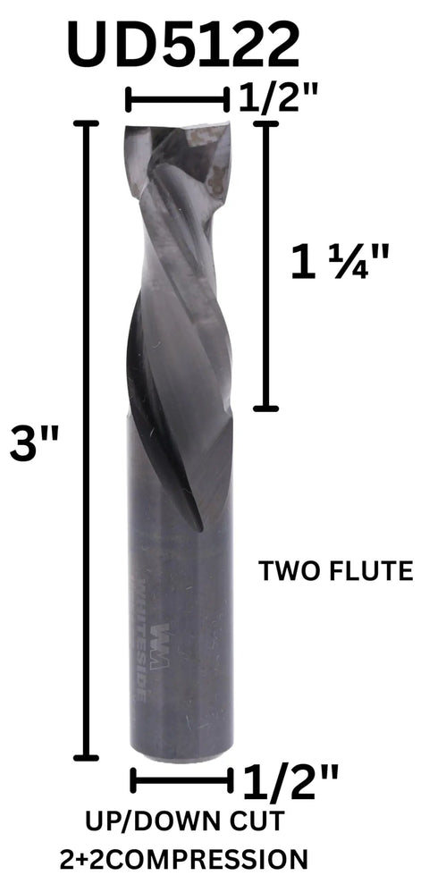 Two Plus Two Compression Spiral Up And Down Router Bit, 1/2 inch diameter, solid carbide, dimensions labeled, two flute design