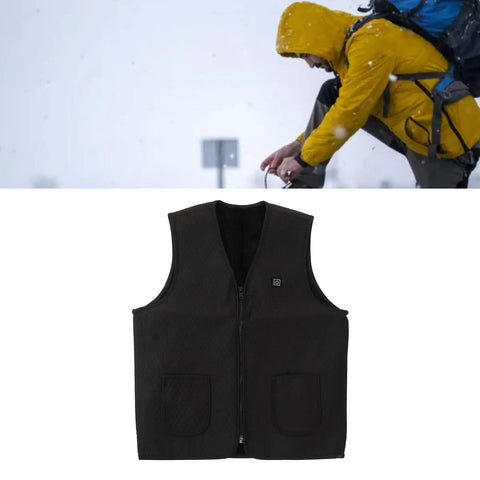 Adjustable Electric Heating Vest With Three Heat Levels For Outdoor Work Fishing Hiking And Camping Lightweight Breathable Fabric Machine Washable Comfortable Fit Size XL displayed against outdoor background.
