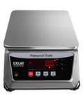 Waterproof Digital Kitchen Scale With Large Stainless Steel Pan, 66 Lb Capacity, display showing zero, front view