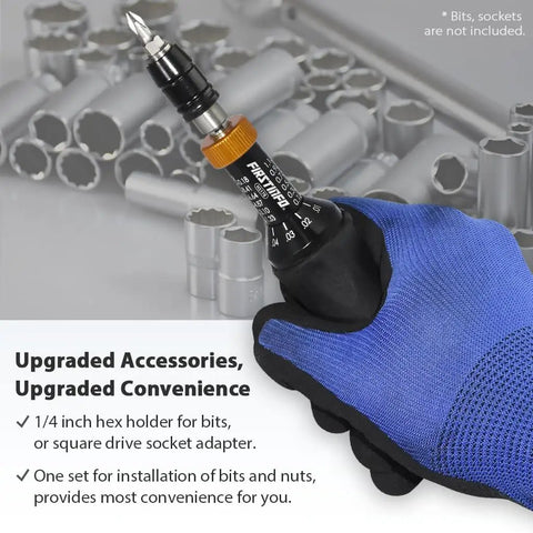 Pro Grade Precision Calibrated Torque Limiting Screwdriver Set with Quarter Inch Hex Bit Holder shown with wrench display