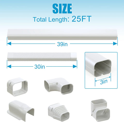 Ultra Durable 25 Ft PVC Line Set Cover Kit components with 3 Inch Decorative Sleeve, showing various connectors and dimensions.