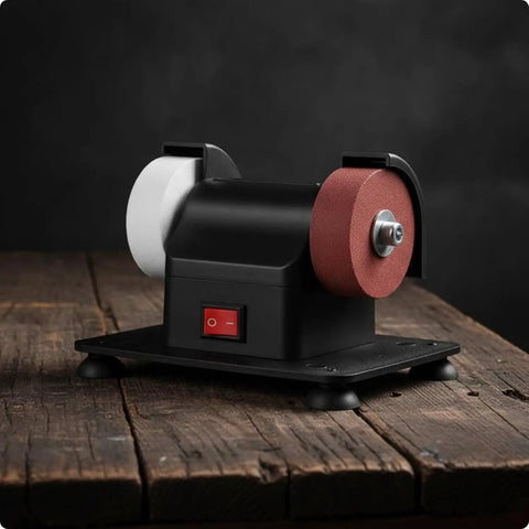 Compact Bench Top Grinder With Rock Solid Base Dual Sharpening Wheels on wooden surface with power switch