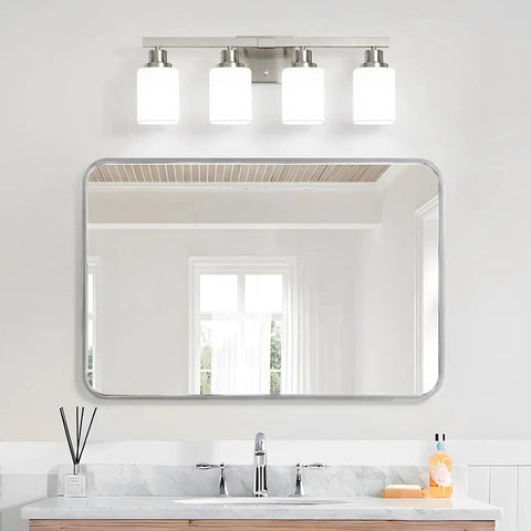 Four Light Brushed Nickel Vanity Light With Square Frosted Glass Modern Bathroom Wall Fixture Over Mirror