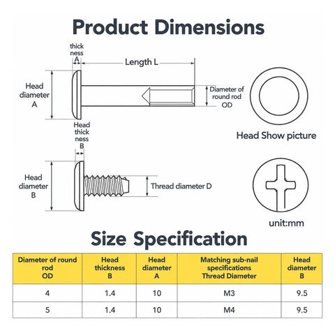 Product dimensions and size specifications for Premium 304 Stainless Steel Chicago Binding Screws Reusable Barrel Fastener Bolts.
