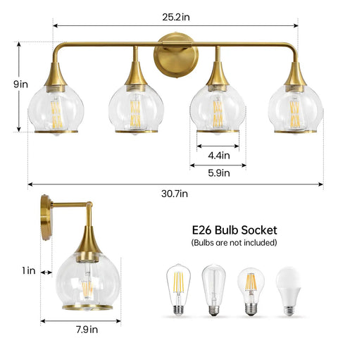 Hot Gold 4 Light Vanity Light Fixture Over Mirror With Clear Glass Globe Shades 30.7 Inch Wall Sconce Bath Lighting For Master Bathroom Bulbs Not Included dimensions diagram
