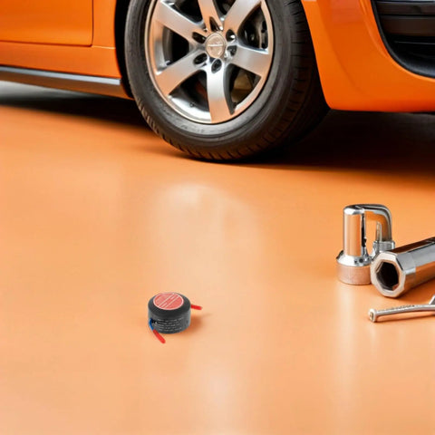 Low Key No Stress Automatic Aerosol Fire Extinguisher 2 Pack on garage floor next to car wheel and tools.