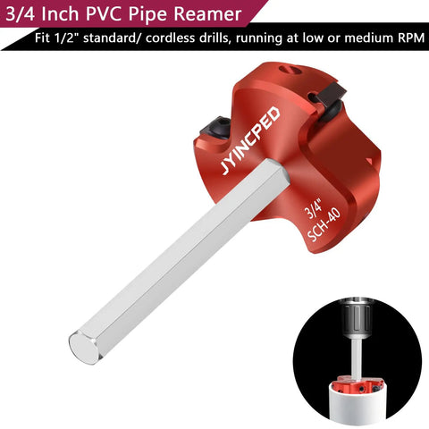 JYINCPED PVC Fitting Saver 3/4 Inch, PVC Pipe Reamer Socket Saver with Triple Blade & 1/4-Inch Hex Shaft shown with drill compatibility