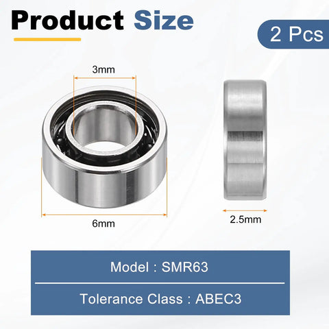 Top Notch Smr63 Hybrid Ceramic Ball Bearings 2 Pack Abec 3 Miniature 3Mm By 6Mm By 2.5Mm Featuring Silicon Nitride Balls and Corrosion Resistant Rings Built Damn Tough for Daily Grind dimensions visible.
