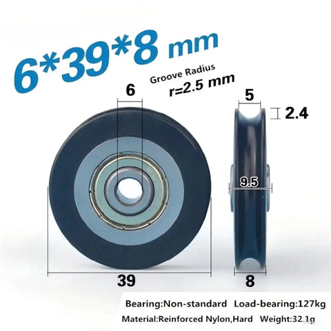 5 Pack Nylon U Groove Pulley Wheels With Embedded Ball Bearings Fits 8mm Bore And 40mm Outer Diameter top view of nylon pulley with dimensions shown