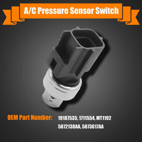 AC Pressure Sensor Switch Replacement for Dodge Ram 1500 2500 3500 and Jeep Liberty Grand Cherokee 2002 to 2004 Air Conditioning Clutch Pressure Sensor OE Replaces 5072138AA 5073617AA with part numbers shown and black connector on dark background.