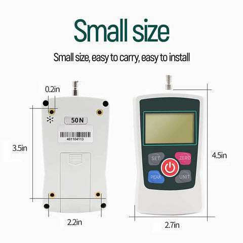Straight Up 50N Digital Force Gauge Push And Pull Tester Meter Featuring Four Unit Options Auto Backlight and Sharp Buzzer Warning, front and back view with dimensions.