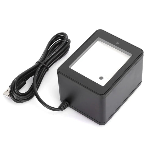 Versatile Desktop Barcode Scanner 9800 With CMOS Imaging shown with USB cable for plug and play setup