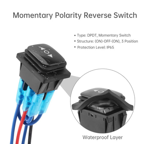 Momentary polarity reverse switch with IP65 protection, features DPDT structure, displaying wires and waterproof layer.