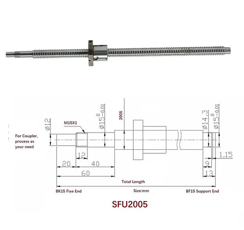 Badass Precision 20mm CNC Ballscrew Kit With SFU2005 Anti Backlash Lead 92 Inch Long Threaded Rod showing technical dimensions and specs.