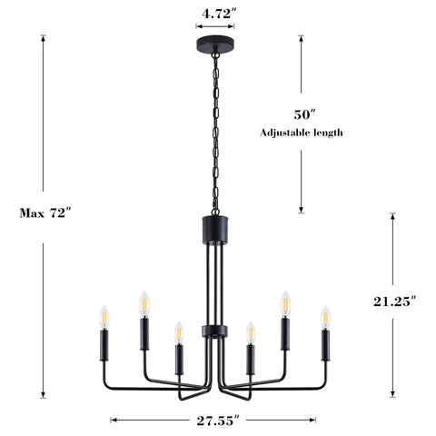 Matte Black Farmhouse Chandelier With Six Lights Modern Industrial Candle Pendant dimensions and design overview