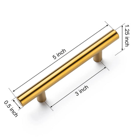 Heavy Duty Cabinet Handles With Killer Brushed Brass Finish Built Solid Stainless Steel Drawer Pulls For Kitchen Cabinets 10 Pack 3 Inch Center To Center 5 Inch Overall Length No Sweat Setup, showing 5-inch pull with measurements.