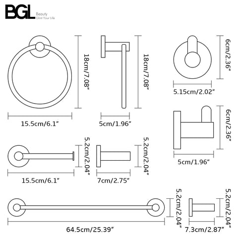 Diagram of Brushed Nickel 4 Piece Bathroom Accessory Set With Adjustable 24 Inch Towel Bar, Towel Ring, Toilet Paper Holder, Robe Hooks