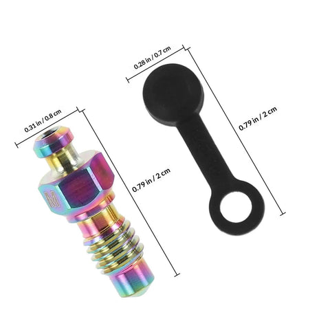 Badass Titanium Alloy Brake Bleeder Screw Set With Dust Caps For Motorcycles Mountain Road Bikes Dirt Rig Slick Fluid Bleed No Sweat Backyard Mechanic Must Have Gear, showcasing a titanium screw and dust cap.
