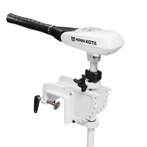 Beast Mode Transom Mount Electric Trolling Motor With Tilt And Extend Tiller Digital Maximizer 112 Lb Thrust 52 Inch Shaft close-up view.