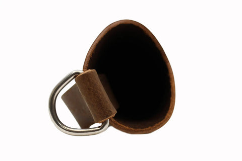 Top view of heavy duty leather welding electrode holder with rod pouch, showing interior and stainless rivets.