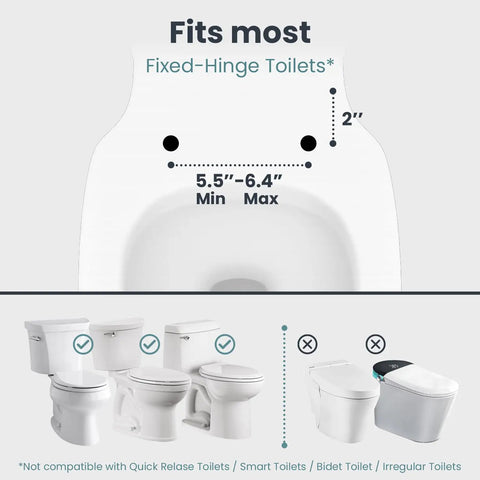 Adjustable Toilet Safety Rail With Rock Solid Stability And Hella Strong Build For Seniors and Elderly Adults Featuring No Fuss Mounting, fitting measurements for fixed-hinge toilets.