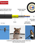 OS2 LC to LC Armored Fiber Patch Cable Single Mode 100FT showing stainless steel armor, Kevlar, and LSZH jacket details.