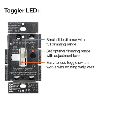 Ivory Toggle Dimmer Switch With Smooth Glide Lever For Led Halogen And Incandescent Bulbs 150 Watt, close-up image detailing features and controls.