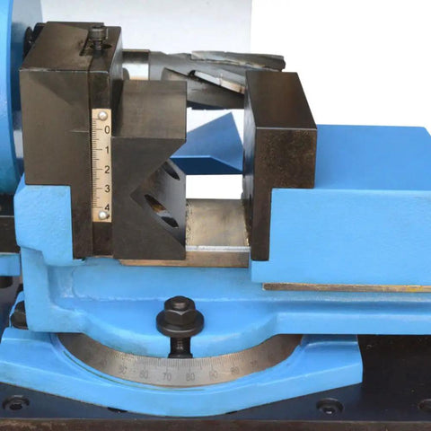 Rock Solid Electric Tube Pipe Notcher One Horsepower Plug And Play Rig with blue and black swiveling vise and measuring scale.