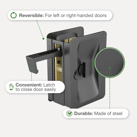 Onward Rectangular Pocket Door Pull With Privacy Lock, Black Finish, Three And A Quarter Inch, Adjustable, Steel Construction
