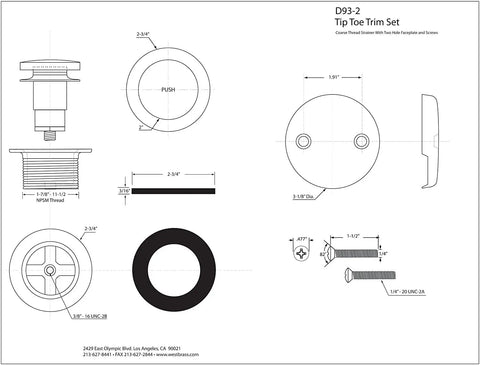Solid Build Tip Toe Bathtub Drain Plug Trim Set With Two Hole Overflow Faceplate Oil Rubbed Bronze Finish dimensions and specifications drawing.